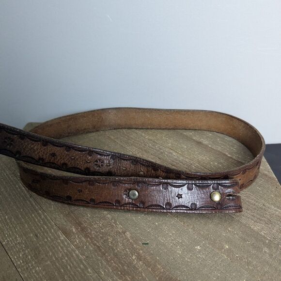 Men's brown leather tooled belt for buckle - Picture 1 of 8